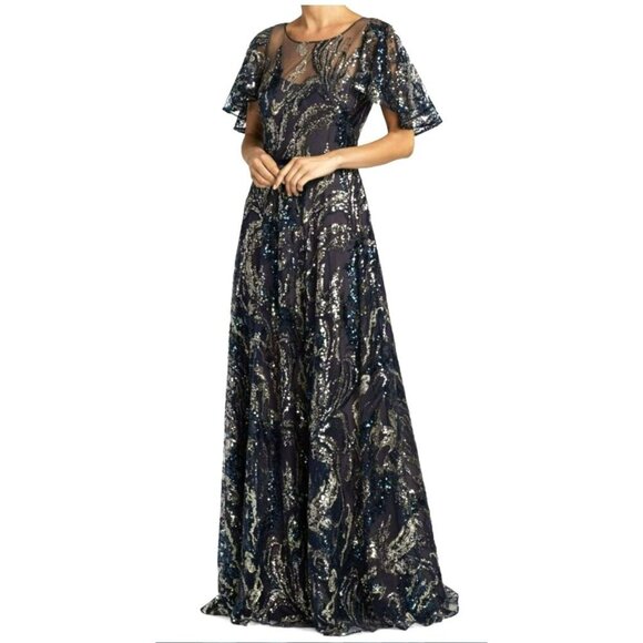 Marchesa Notte $1395 Sequins Blue Cape Sleeve Formal Gown Dress NEW Sz 2 - Picture 2 of 11